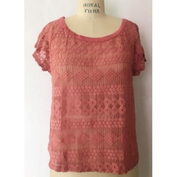 FOREVER 21 CORAL PINK MESH EMBROIDERED GEOMETRIC LACE TOP LARGE NWT - Picture 8 of 8